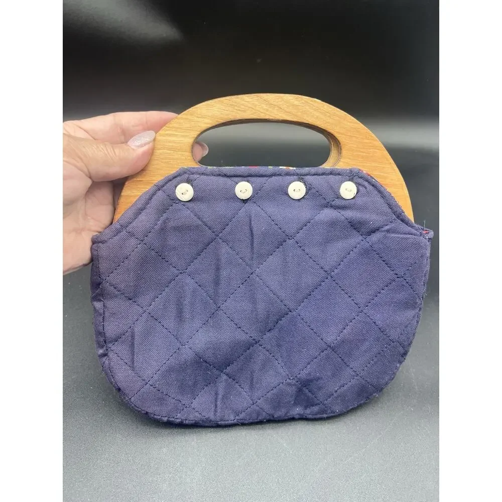 Vintage Bermuda Wooden Handle Bag Purse Blue Reversible Cover Handbag Pocketbook